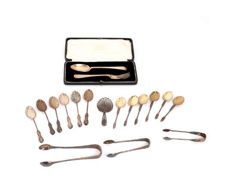A set of six Victorian apostle top silver coffee spoons, London 1884, a similar pair of sugar nips, six coffee spoons with sh
