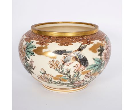 A Japanese satsuma bowl, circa 1910, decorated with finches and flowering bushes, 27cm diameter/Provenance: Spetchley Park CO