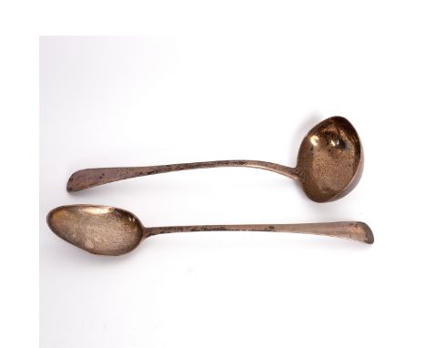 An old English pattern silver soup ladle, Sarah & John Blake, London 1820, and a basting spoon, WS, London 1791, each bearing