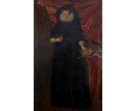 Follower of Wybrand Simonsz de Geest (1592-1660)/Portrait of a Lady/full length, standing with a book in her right hand and h