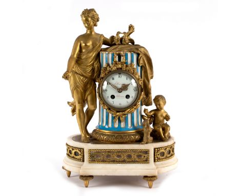 A French gilt metal mounted mantel clock, the white enamel dial signed Merra à Paris, set in a Sevres style porcelain column 