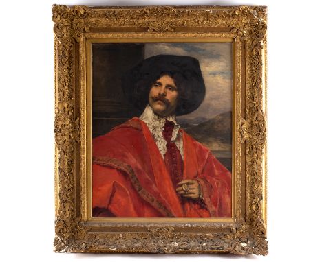 Ferdinand Roybet (French 1840-1920)/Portrait of a Gentleman/half-length, wearing 17th Century costume of a black hat, lace co