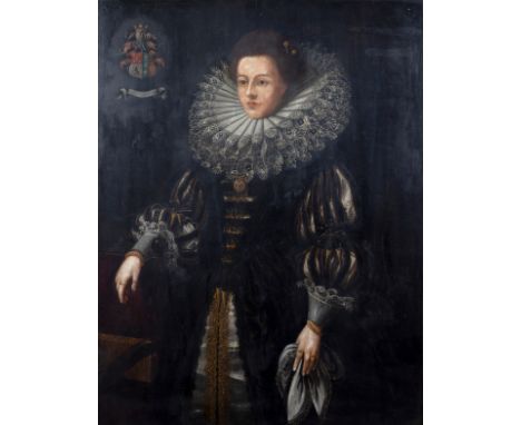 After the 17th Century English School/Portrait of a Lady/three-quarter length, standing with her right hand resting on a chai
