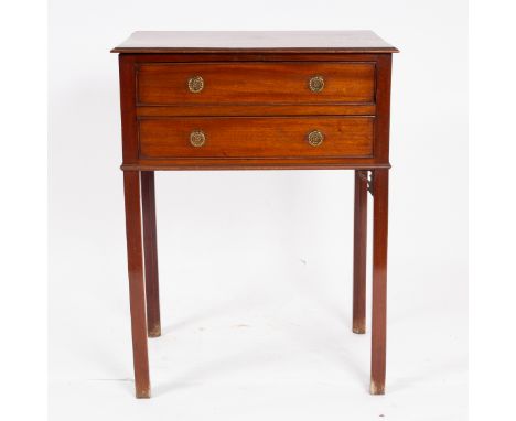 A George III mahogany side table, the moulded oblong top over two frieze drawers, on chamfered square legs with fretted ear b