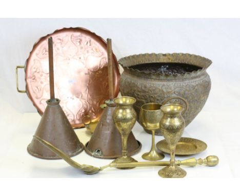 Box of vintage Brass & Copper to include an Art Nouveau tray, funnel and Asian design planter