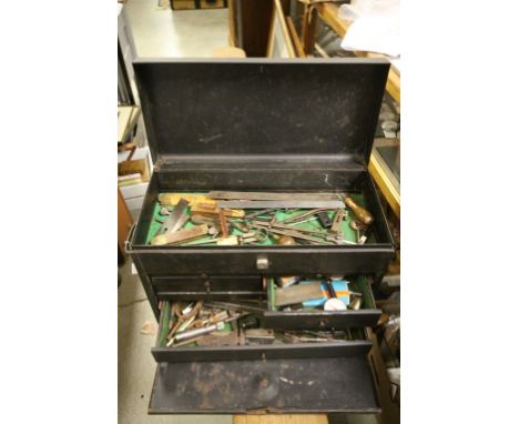 Engineer's Metal Tool Box / Cabinet with hinged top lid and front dropping open to reveal fitted drawers, with some vintage t