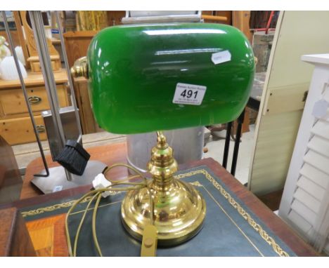 Edwardian Style Gilt Brass Desk Lamp with Green Glass Shade