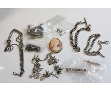 Small collection of Hallmarked Silver & white metal jewellery to include Pocket Watch chains, Charm Bracelet, Cameo brooch, T