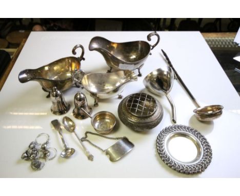 Group of Silver & Silver plated items to include Coin ladle, funnel, sauce boats etc