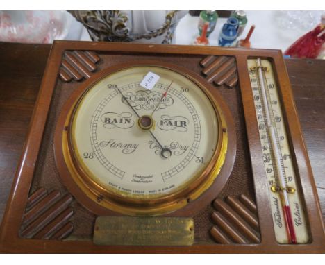 Vintage Oak Cased Short & Mason / London Wall Barometer & Thermometer circa 1950