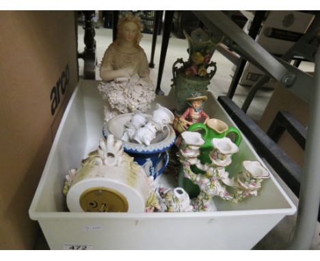 Mixed Tray of Ceramics including Royal Doulton Green Glazed Stoneware Flask, 18th century Chinese Jug (a/f), Wedgwood Vase, e