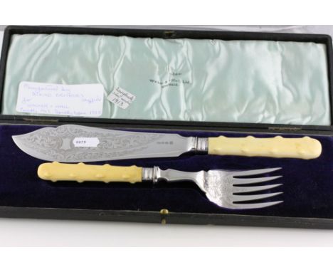 A cased set of ivory handled silver collar fish servers, manufactured by Atkin Brothers Sheffield for Walker and Hall, Sheffi