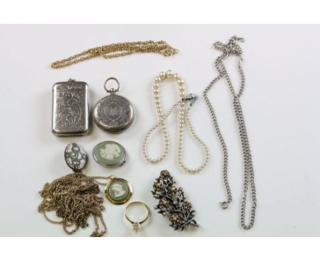 A collection of costume jewellery to include Victorian Mosaic brooch, silver open faced small pocket watch, a silver plated v