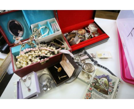 Box of vintage costume jewellery to include a small amount of Hallmarked Silver