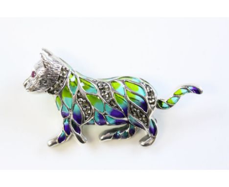 Silver and plique a jour cat brooch 