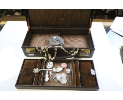 Vintage leather jewellery box and contents to include Silver coin jewellery etc