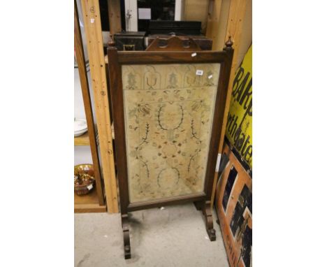 19th century Oak Framed Tall Fire Screen with Glazed Floral Needlework Panel