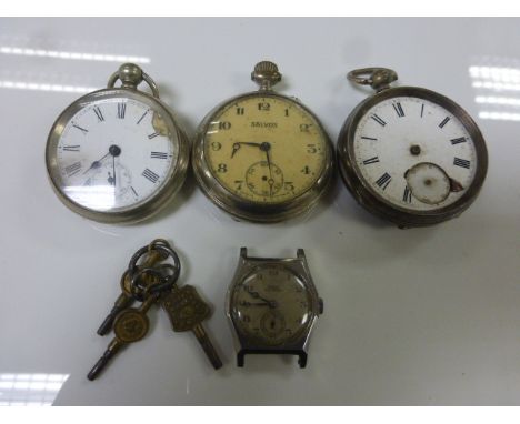 Vintage gents Rone wristwatch and three vintage pocket watches to include Chester Hallmarked Silver cased