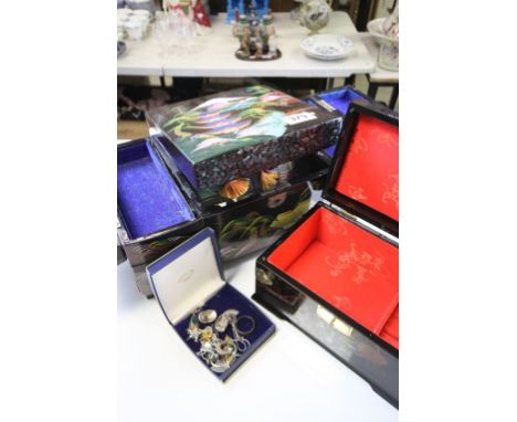 Two Oriental lacquered jewellery box, one being Musical and a small quantity of vintage jewellery to include Silver earrings