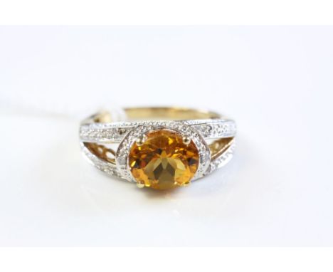 Silver gilt ring with Faceted Citrine & Diamond chips