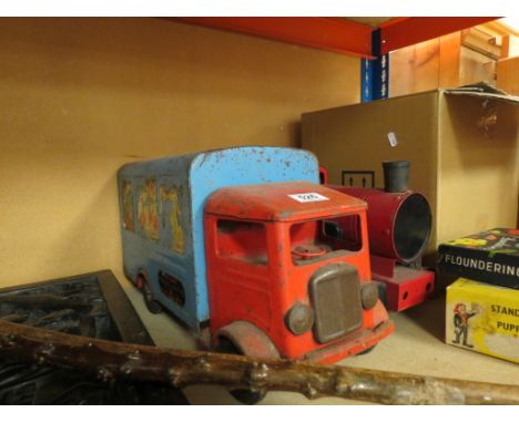 Collection of Toys including Tri-ang Transport Van No. 200, similar train, Boxed Pelham Girl Puppet, Children's Annuals plus 
