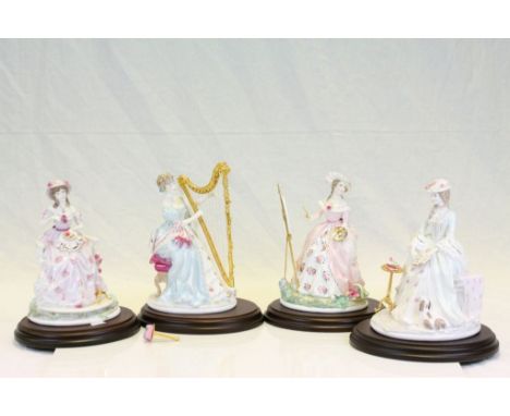 Set of four Royal Worcester " The Graceful Arts" figurines with certificates & wooden stands