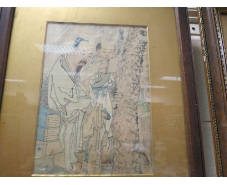A vintage oriental woodblock of Japanese priests reading scriptures