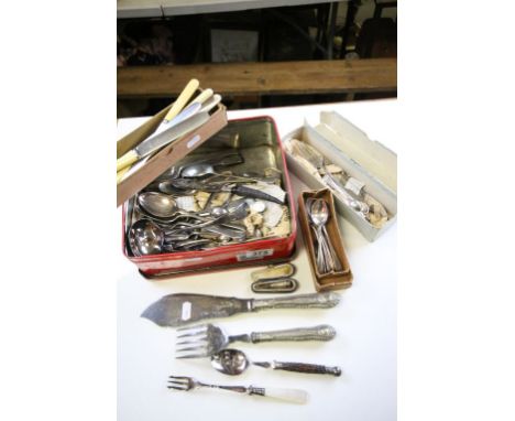 Tin of mixed Silver plated cutlery to include a small amount of Hallmarked Silver