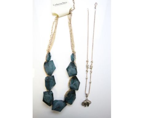 Boxed Catherine Stein blue stone costume jewellery necklace and a Silver necklace with Elephants