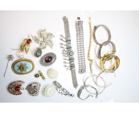 Selection of Hallmarked Silver & white metal Bangles etc and a bag of vintage Brooches to include Mother of Pearl etc