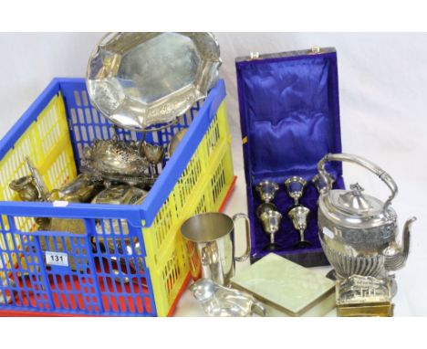 Box of mixed metalware to include Silver plate & cased goblet set