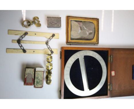 Mixed collectables to include; white metal Vesta, cased Sovereign scales, Draughtsman tools, Brass Seal ring with screw threa