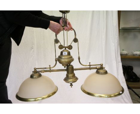 French Gilt Brass Telescopic Hanging Snooker / Billiards Table Light, two branches with two opaque domed glass shades