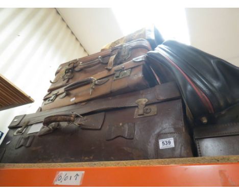Two Vintage Leather Suitcase, another Suitcase, Attache Case plus Two Vintage Fabric Covered Cases