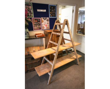 Vintage Wooden Folding Double Sided Stepladder Display Stand with Two Wooden Shelves