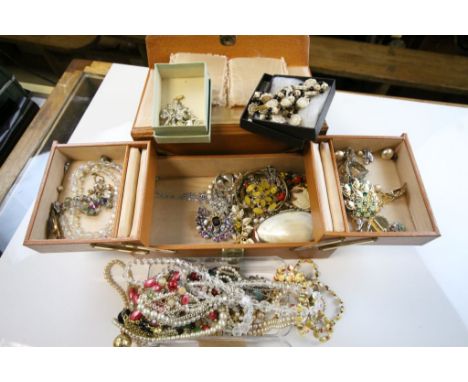 Jewellery box and a plastic box with a collection of vintage costume jewellery 