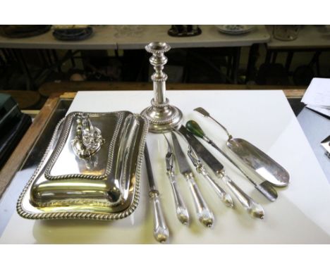 Vintage Silver plate to include; entree dish, candlestick, rolled carving set and an ivory handled cheese scoop