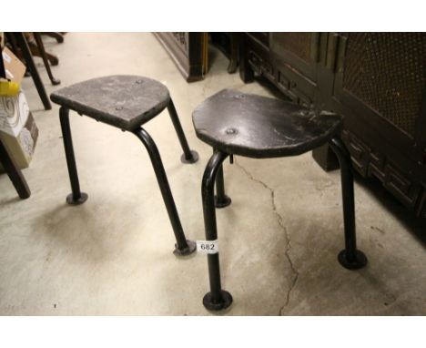 Pair of Vintage French Stools with Wooden Seats on Three Legged Tubular Metal Frames