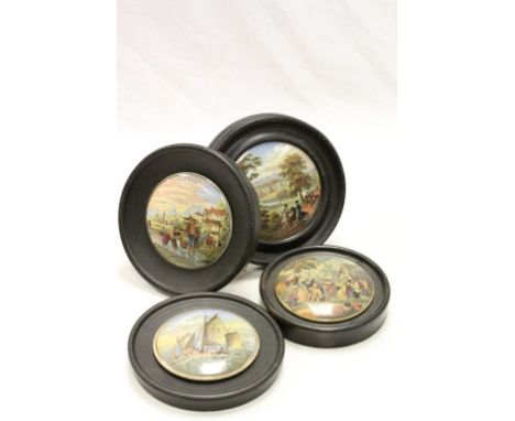 Four Prattware pot lids with wooden wall mount frames to include; Transplanting Rice & The Village Wedding