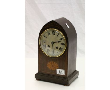 Lancet wooden key wind Mantle clock with inlaid Marquetry design to front