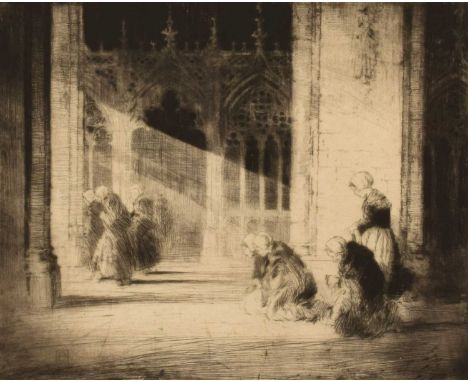 Percy Lancaster R.I., R.B.A., A.R.E., R.Cam.A. (British 1878-1951) Two figure groups at church (2) Both signed and numbered 2