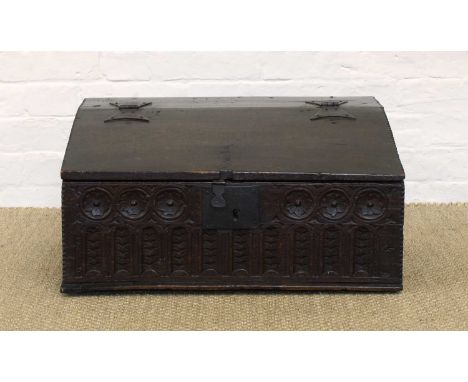 An Early 18th Century Oak Bible Box An Early 18th Century Oak Bible Box, the front with carved repeated decoration in low rel