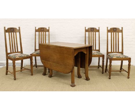 Set of Four Arts & Crafts Oak Dining Chairs with Morris-Style Upholstery And a Gate-Leg Dining Table Circa 1900, the chairs w