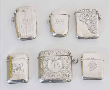 A selection of silver vesta cases. Assorted, to include William Hair Haseler, gross weight 5.78ozt. (6)