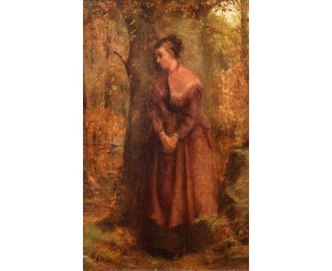 R. T. Minshull (British 19th century) Young woman leaning against a tree Signed, oil on canvas.22 x 14.5cm (framed 39 x 31.5c