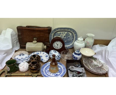 A Mikky Phone portable gramophone together with a mantle clock, blue and white pottery, briefcase, brass key, etc 