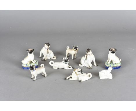 Three pairs of ceramic Pug figures, including Meissen examples, plus three other ceramic pug figures, various makers (9) 