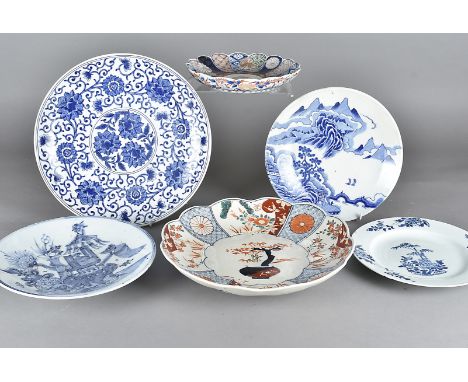 An assortment of oriental ceramic plates, of various design and decoration, including blue and white, various sizes (6) 