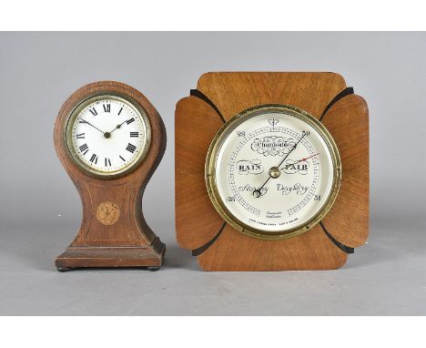 A mahogany and satin inlaid ballon mantel clock, with French drum movement, inlaid tudor rose to centre, 21.5 cm high, togeth