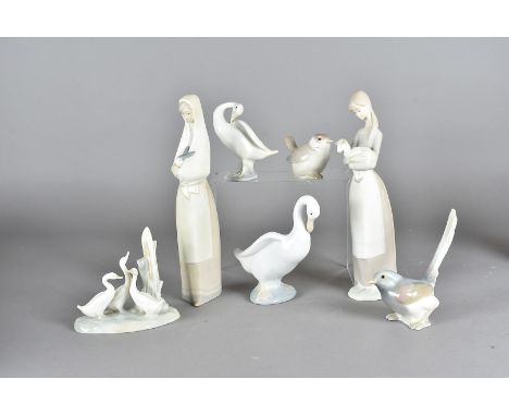 Three Lladro porcelain bird figures, together with another example of a girl and lamb, and a collection of three Nao figures 